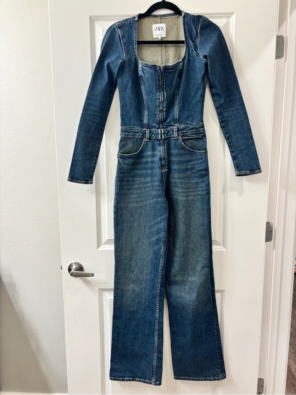 Zara Denim Long Sleeve Wide Leg Jumpsuit